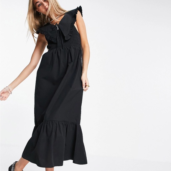 NWT Topshop oversized collar shirred midi dress in black; size 8 - Picture 1 of 5